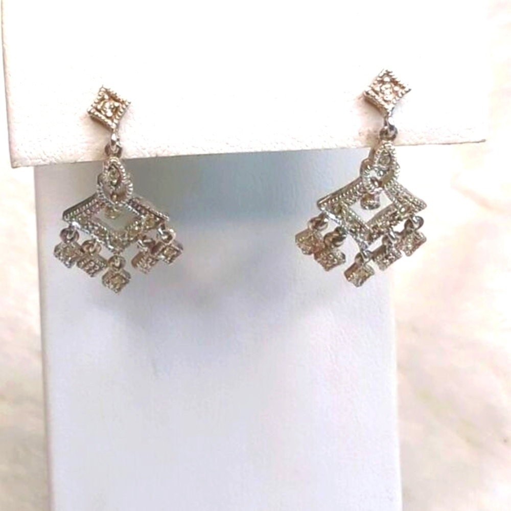 Vintage Sterling Silver and CZ Stone Drop Pierced Earrings - Picture 3 of 8